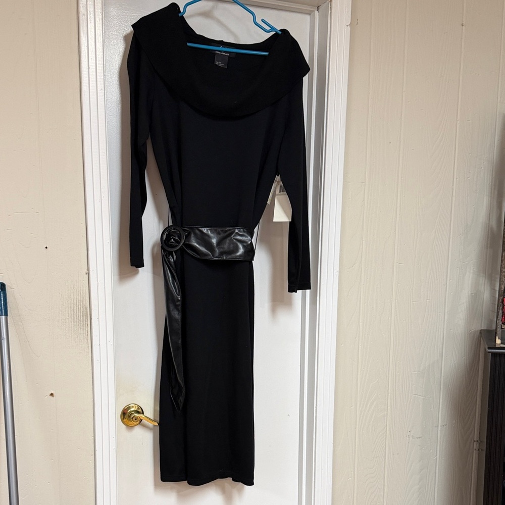 Long-Sleeve Black Cowl Neck Dress with Faux-Leather Sash